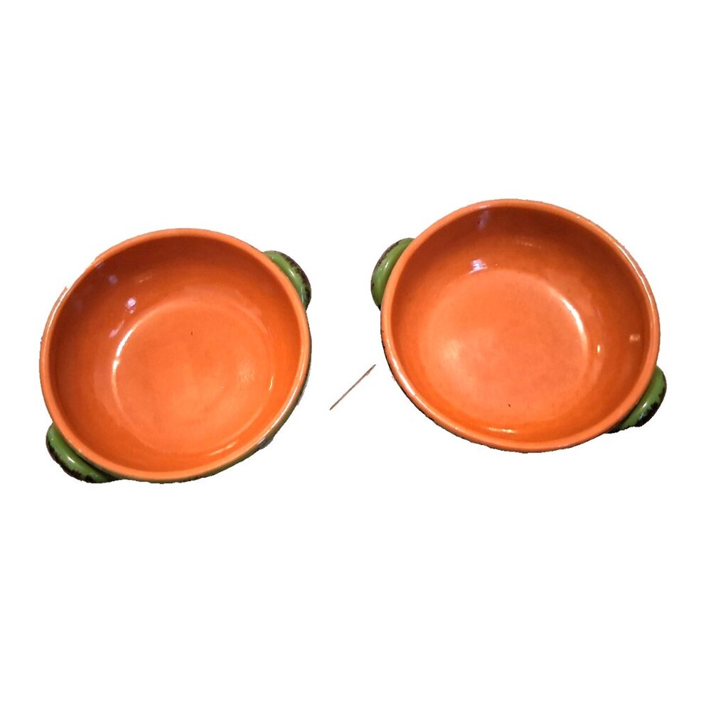 2 De Silva Pottery Terra Cotta Soup Bowl Green Orange Twist Handle 5 1/2"